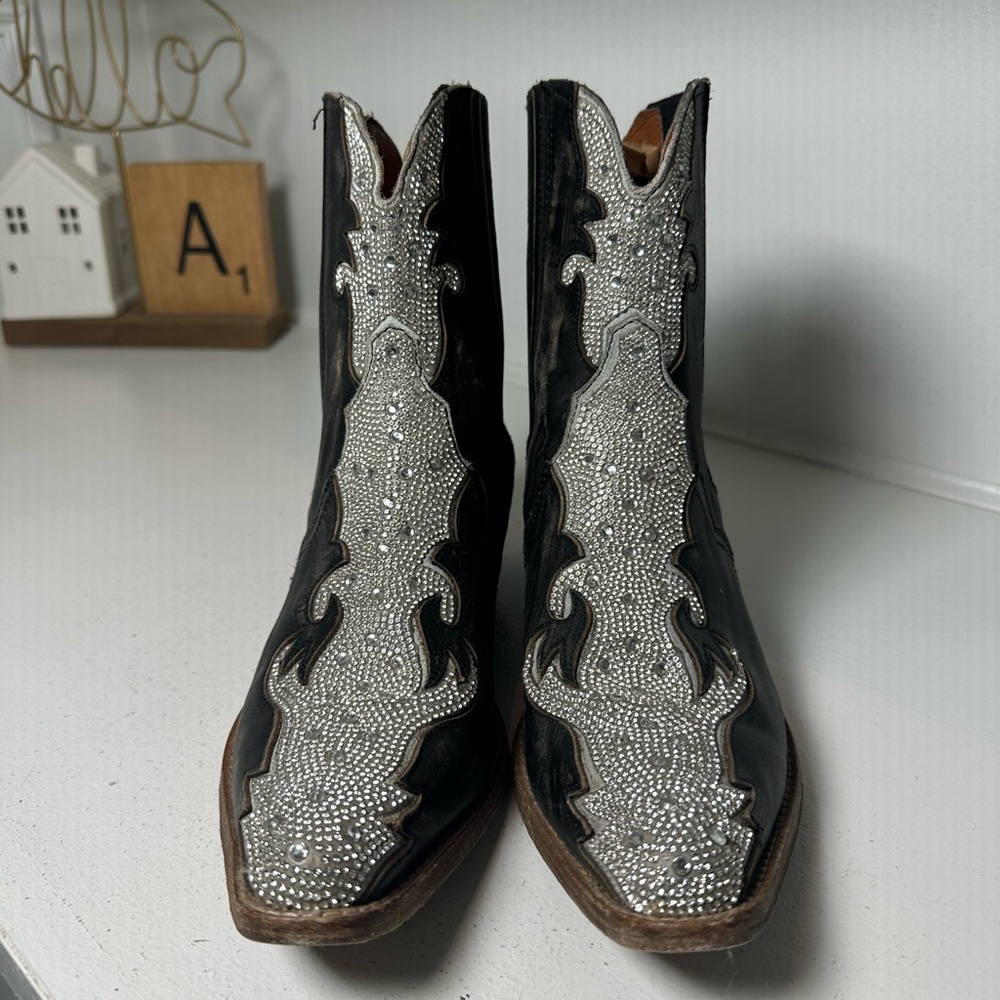 Dan Post Western Ankle Boots Women’s 9.5 Black Leather w/ Silver Inlay Cowboy - Picture 2 of 9
